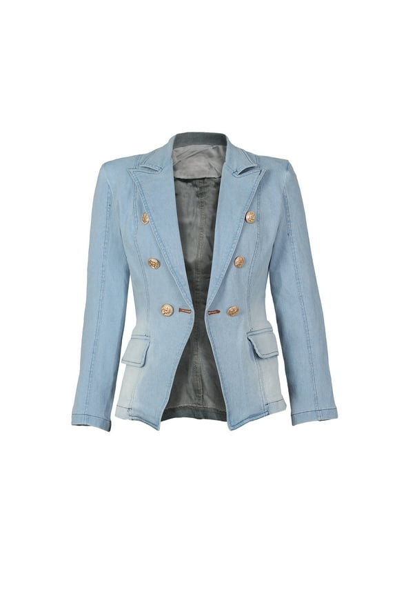 Up to 50% off Womens Jean Jackets Lightweight Women's Casual Solid Color Denim Slim Double Breasted Button Denim Suit Jacket,Light Blue L