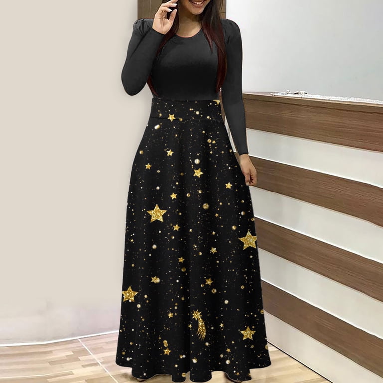 white christmas dresses Long Sleeve High Slit Black Plus Size Maxi Dress main image 0