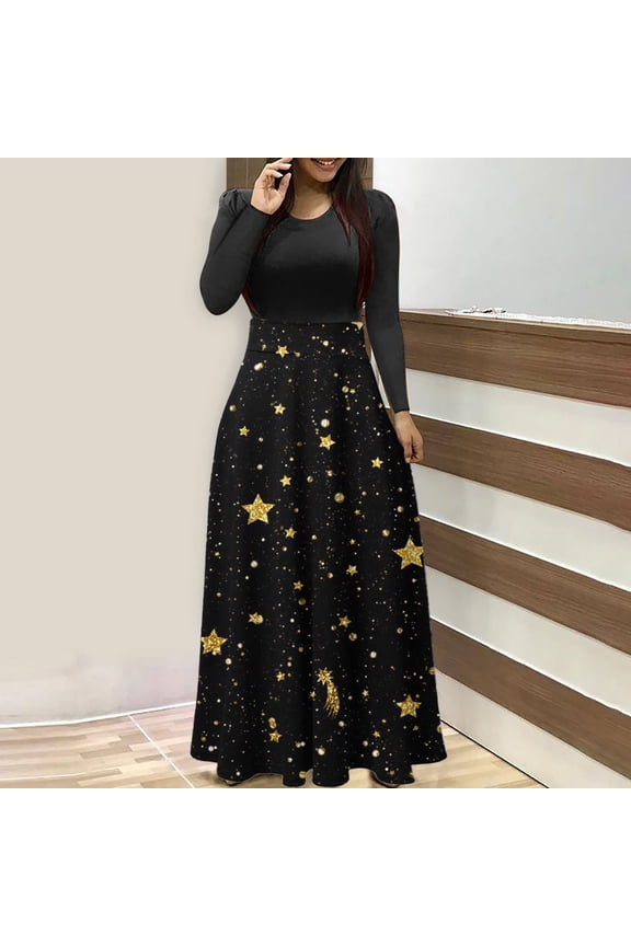Up To 50% Off Womens Christmas Dresses Costume Women's Plus Size Christmas Print Sleeve Round-neck Ankle-Length Dress,Black XXL