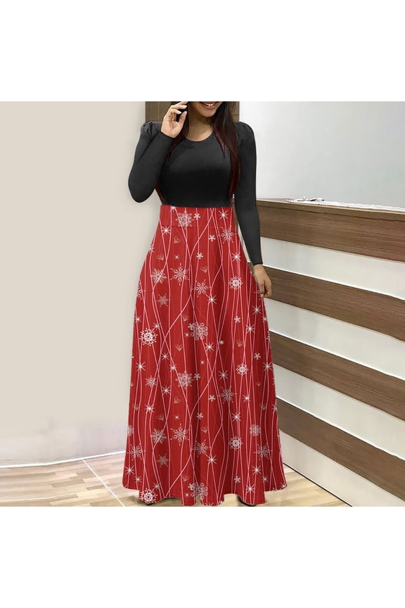 Up To 50% Off Womens Christmas Dresses Costume Women's Plus Size Christmas Print Sleeve Round-neck Ankle-Length Dress,Red M