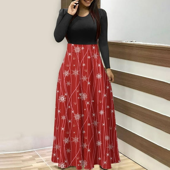 Fayshow0 Up To 50% Off Womens Christmas Dresses Costume Women's Plus Size Christmas Print Sleeve Round-neck Ankle-Length Dress,Red XXL