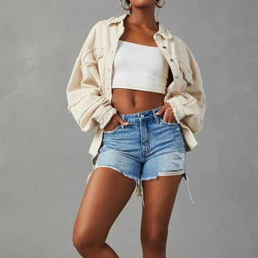 Fayshow0 Deals Up to 50% off Blue Jean Jackets for Women Women's Jean Jacket Frayed Washed Button Denim Jacket With Pockets,Beige XL