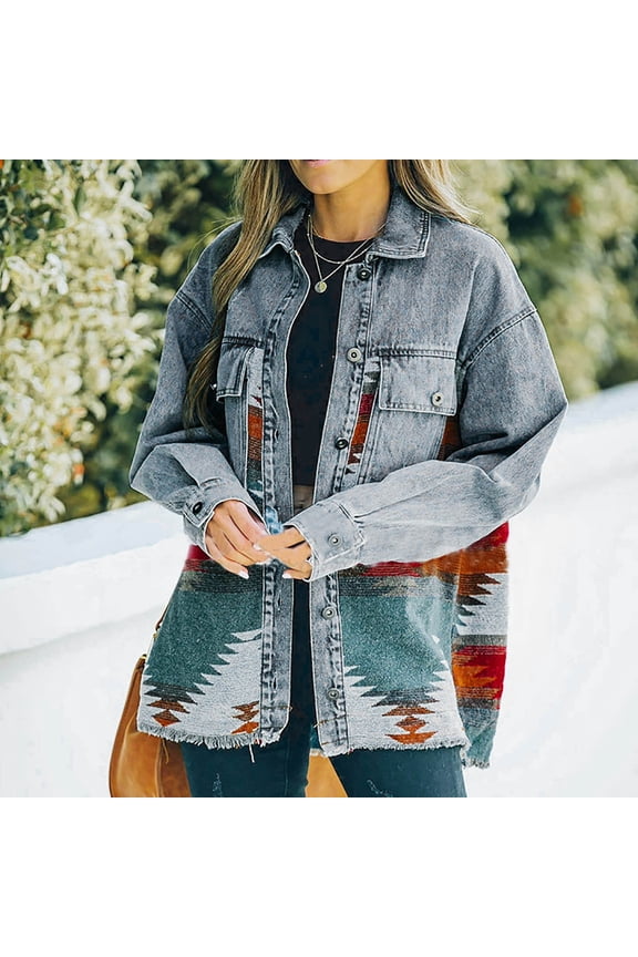 Up to 50% off Jean Jackets for Women Trendy Women's Fashion Casual Retro Jacket With Lapel Pocket Stitching Woolen Coat,Gray L