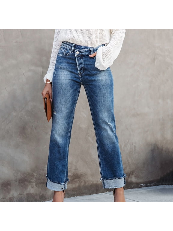 Up to 50% off Long Jeans for Women Tall Straight Leg Denim Pants For Women High Waisted Stretchy Frayed Denim Pants Casual Trousers