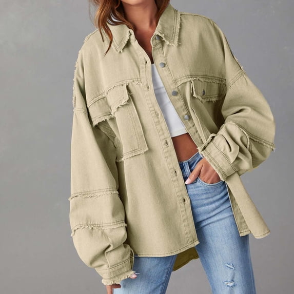 Fayshow0 Up to 50% off Womens Jean Jackets Cheap $25. Or Less Women's Jean Jacket Frayed Washed Button Denim Jacket With Pockets,Khaki XXL