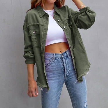 Fayshow0 Fall Savings Blue Jean Jackets for Women Women's Fashion Long-Sleeved Casual Button Loose Denim Jacket With Burrs And Holes,Army Green XXL