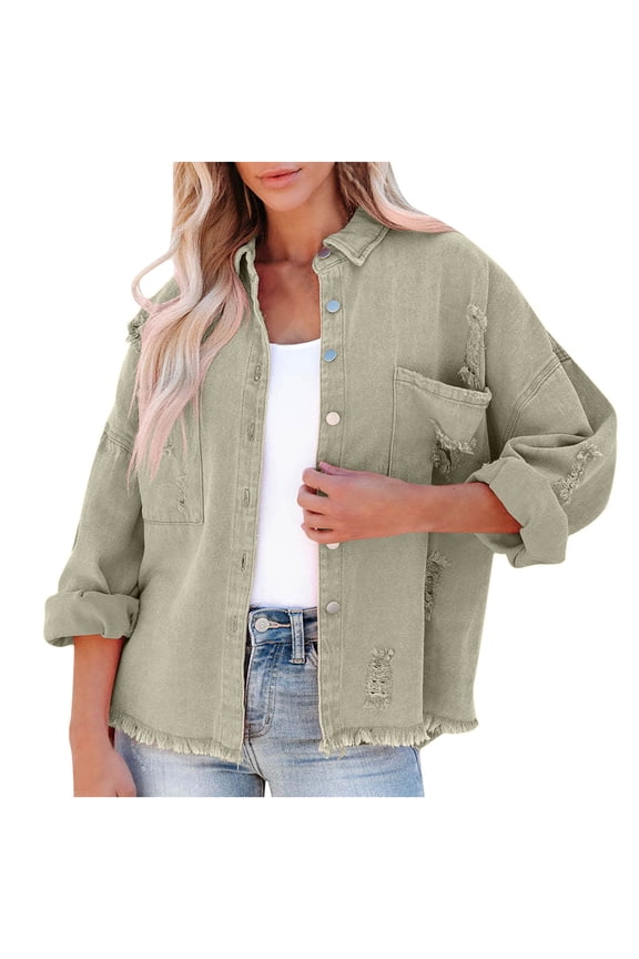 Fall Jean Jackets for Women Trendy Women's Casual Washed Worn Hole Loose Denim Jacket Oversized Denim Jacket Long Sleeve Jacket,Khaki M