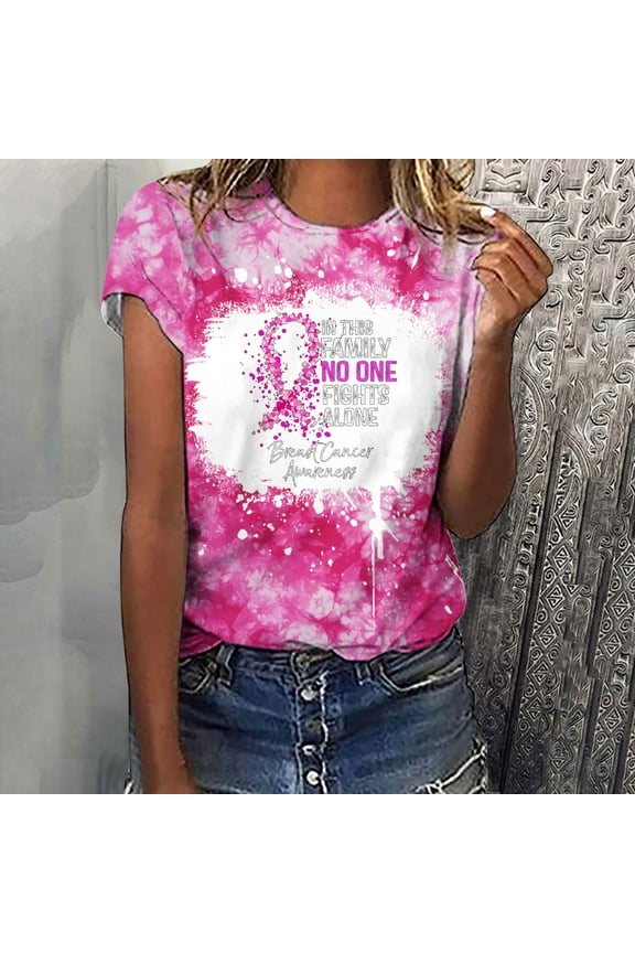 Funny Breast Cancer Shirts for Women Save Up under 50% Women's Casual Letter Print Pullover Short Sleeve T-Shirt Tops Shirt,Pink XXXL