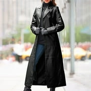 Fayshow0 Glossy Original Sheepskin 2024 New Fasion Womens Long Leather Trench Coat Womens Fashion Sexy and Winter Solid Long Leather Coat Imitation Leather Windbreaker Coat,Black L