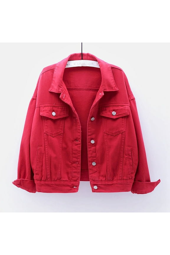 Jean Jackets for Women Trendy Clearance under $10 Women Spring And Warm Solid Long Sleeve Jacket Outerwear,Red L