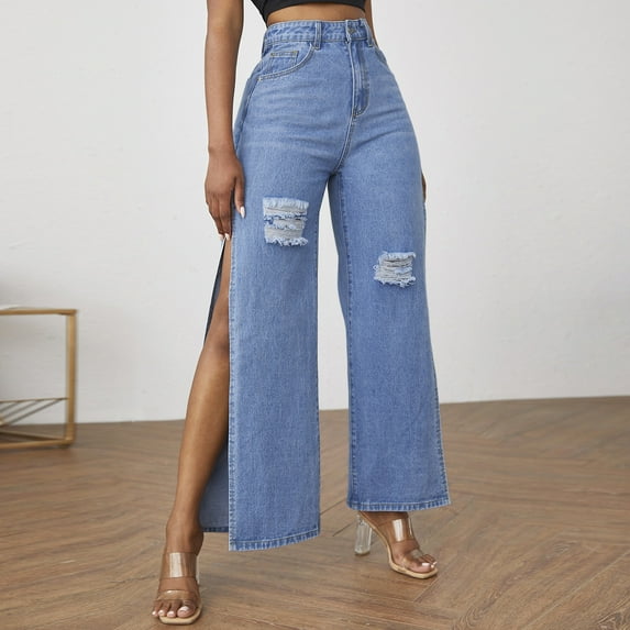 Fayshow0 Jean Pants for Women Straight Leg Clearance Women and Sexy Pants Blue High Waisted Split Split Women Pants,Blue L