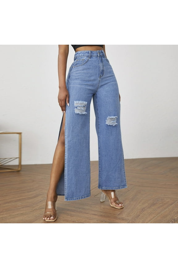 Jean Pants for Women Straight Leg Women and Sexy Pants Blue High Waisted Split Split Women Pants,Blue M