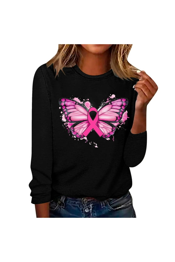 Ladies Breast Cancer Awareness Long Sleeve Women's Casual Fashions Solid Color Long Sleeve Blouse Round Neck Tops T-Shirt Black