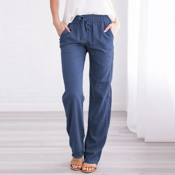 Fayshow0 Long Pants for Women Tall Elastic Waist Flash Deals Women Casual Cotton and Linen Drawstring Elastic Waist Long Straight Pants(Blue,S)