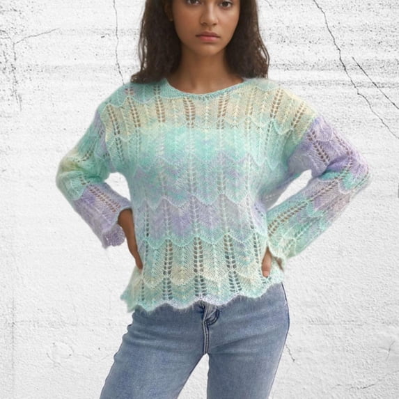Fayshow0 Long Sleeve Shirts for Women, Fall Womens Tops Women's Loose Round Neck Knitted Contrasting Color Pullover Striped Sweater 2024 Casual Long Sleeved RoundTop/shirt,Blue XL
