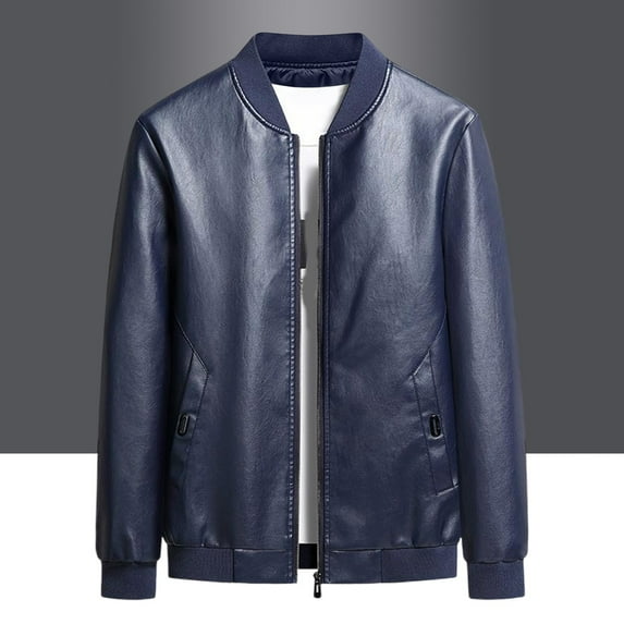 Fayshow0 Men'S Jackets Clearance Sale $12 Men's Spring And Fashion Casual Stand-up Collar Zipper Long Sleeve Hoodless Leather Jacket/jacket Blue