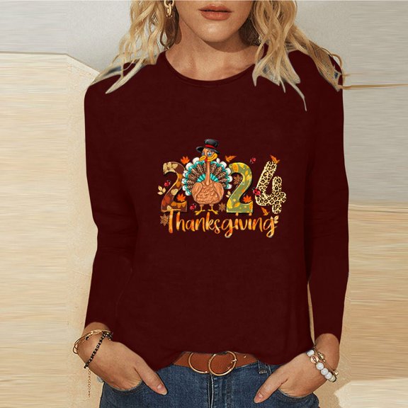 Fayshow0 New Years Thanksgiving Shirts For Women Women's Fashion Printing Classic Long Sleeve T-shirt Round Neck Tops Long Sleeve Round Neck Tops/Shirt,Wine S