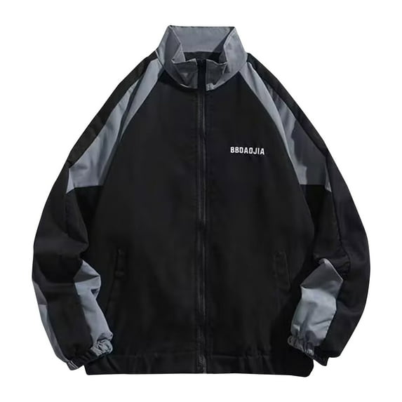 Fayshow0 Oversized Mens Jackets Men's Color Blocking Design Zipper Pocket Long Sleeved Hooded Casual Jacket Black