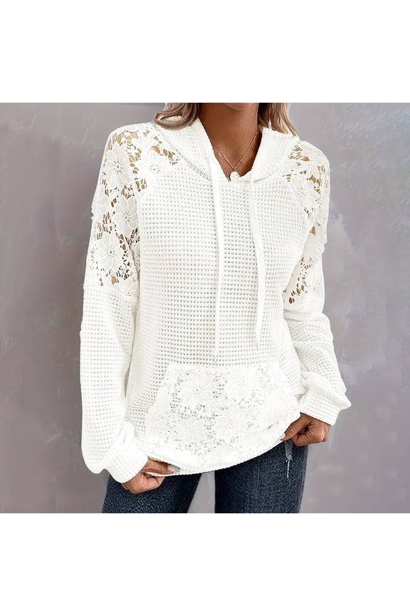 Plus Size Long Sleeve Shirts for Women Women's Fashion Sexy Lace Stitching Hoodie Casual Sweater Long Sleeve Top,White L