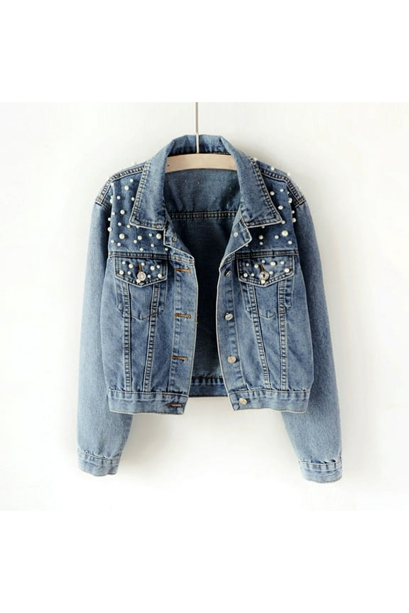 Plus Size Clearance Women'S Oversized Mid Long Denim Women's Blue Long Sleeve Jacket Pocket Beading Casual Short Outwear Coat,Blue XXXL