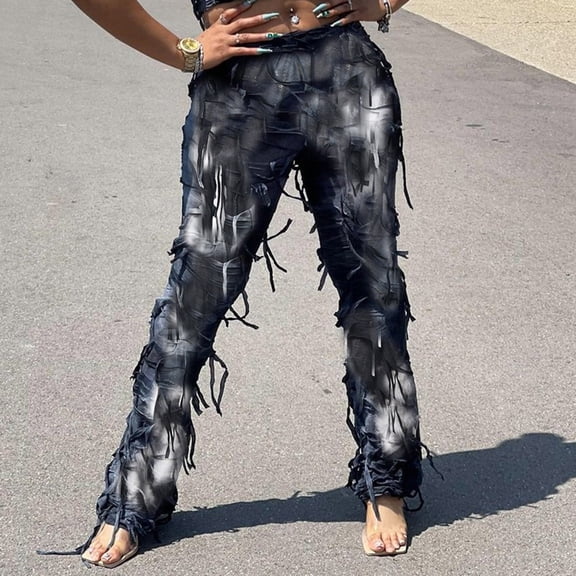 Fayshow0 Plus Size Pants for Women Women'S Elastic Casual High-Waisted Fringe Tights Black