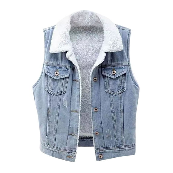 Fayshow0 Plus Size Womens Jean Jackets Lightweight 50% off Clear Women With Pockets Lamb Hair Plush And Thick Patch Denim Cotton Sleeveless Top Hooded,Light Blue XXL