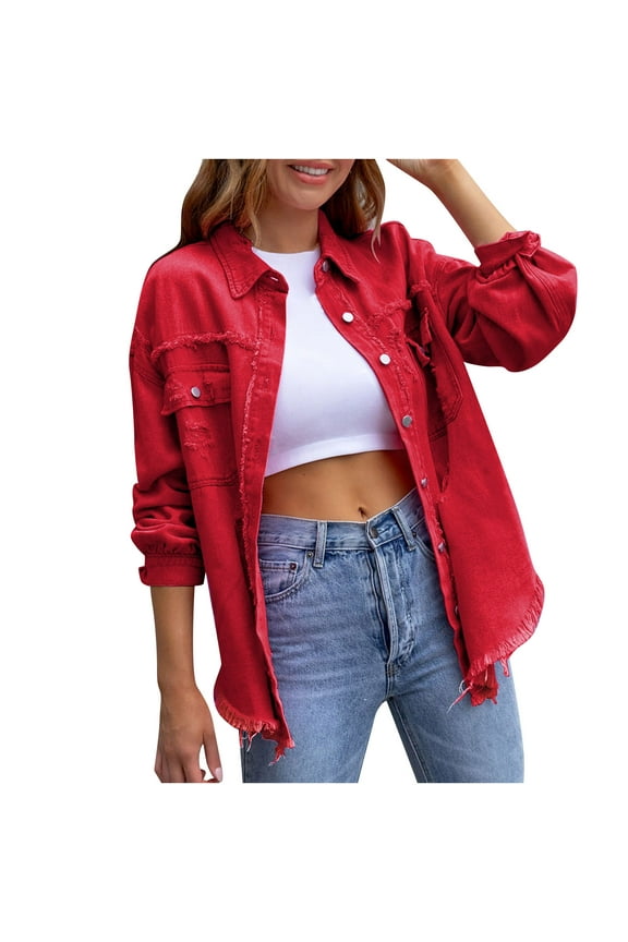 Plus Size Womens Jean Jackets Lightweight Plus Size Clearance Women's Fashion Long-Sleeved Casual Button Loose Denim Jacket With Burrs And Holes,Red S