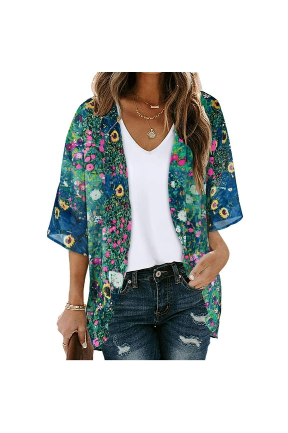 Rain Jackets For Women Waterproof Plus Size Women's Floral Print Puff Sleeve Kimono Cardigan Loose Chiffon Cover Up Casual Blouse Tops,Green XXL