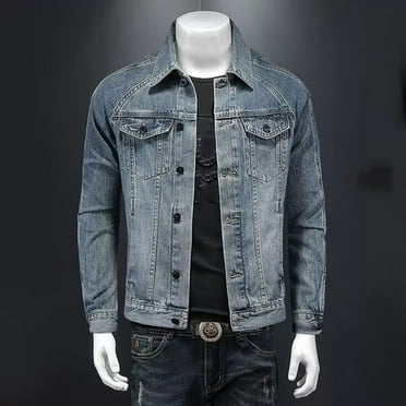 Fayshow0 Rain Jackets for Men Waterproof Breathable Men's Solid Color Button Pocket Slim Fashion Casual Work Denim Jacket Blue