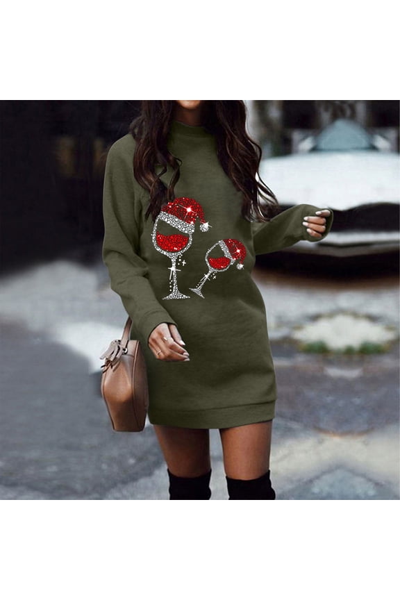 Save Up Under 50% Christmas Tops for Women Plus Size Women's Christmas Fashion Casual Long Sleeve Round-Neck Solid Warm Loose Long Dress,Army Green L