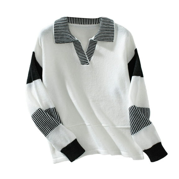 Fayshow0 Save Up Under 50% Womens Round Neck T Shirts Women's Loose V-neck Color Blocked Striped Knitted Long Sleeved Woolen Fall And Winter Cut Sports Long Sleeved Sweater Casual Top,Black M