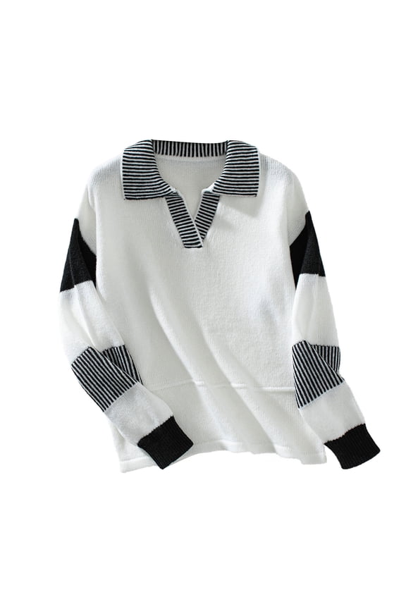 Save Up Under 50% Womens Round Neck T Shirts Women's Loose V-neck Color Blocked Striped Knitted Long Sleeved Woolen Fall And Winter Cut Sports Long Sleeved Sweater Casual Top,Black M