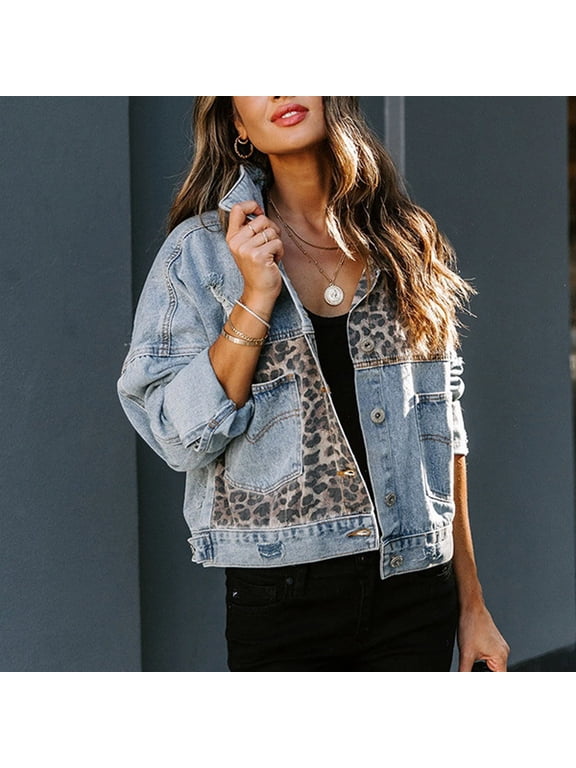 Save Up under 50% Womens Jean Jackets Lightweight Ladies Leopard Print Patchwork Jean Jacket With Long Sleeves,Blue L
