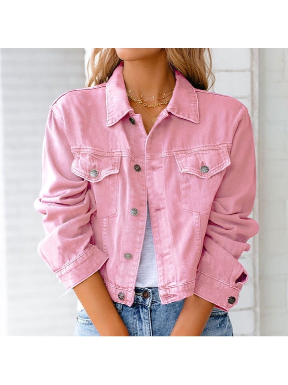 Save Up under 50% Womens Jean Jackets Lightweight Women Solid Jacket Long Sleeve Cardigan Suit Pocket Coat Top,Pink S