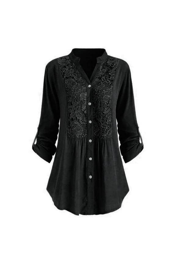 Super-Soft Stretch Fabric Round Neck T-Shirts Women Ladies Large Size Button Solid Lace V-Neck Long Sleeve Shirt Blouse,Black XL