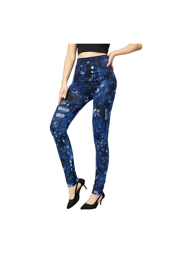 Up to 30% off Women'S Plus Size Jeans Women's Fashion Elastic Imitation Denim Print Leggings With Yoga Sport Elastic Pants