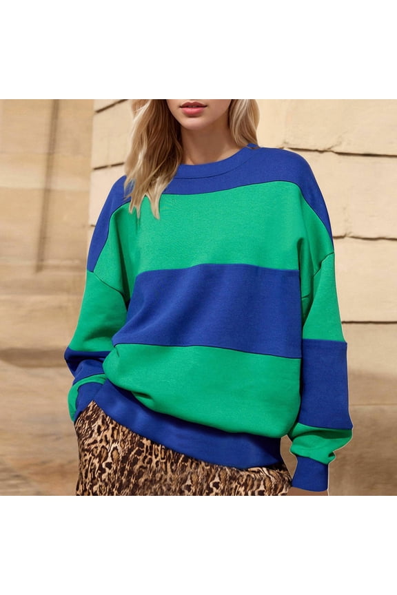 Women Classic Striped Oversized Crewneck Dupes Color Block Long Sleeve Casual Sweatshirt Loose Pullover,Green XXL