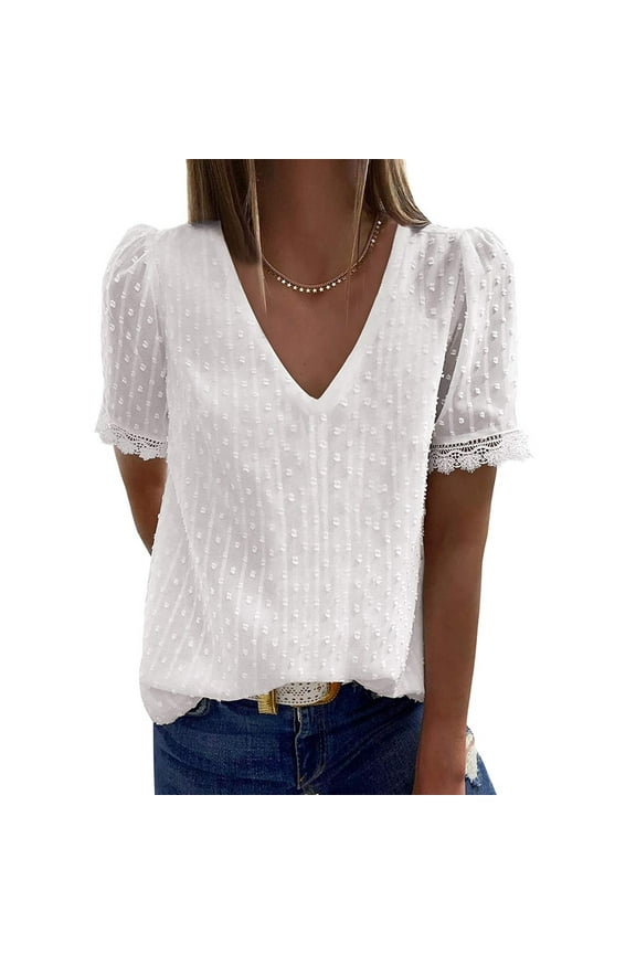 Women Fashion Womens Plus Size Tops Fashion Fashion Women Casual Solid Short Sleeve V-Neck Lace T-Shirt Blouse Tops(White,XXL)