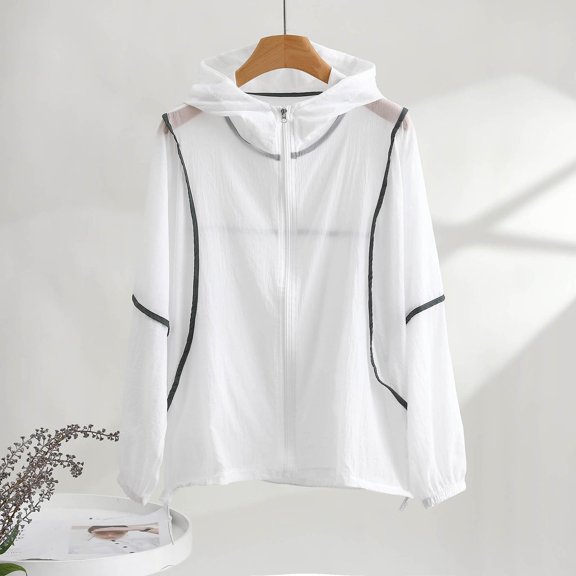 Fayshow0 Women'S Jacket Lightweight Outwear Light Weight Women'S Summer Solid Color Fashionable Light Breathable Hooded Zipper Sun Protection Long-Sleeved Hooded Casual Coat/Jacket,White