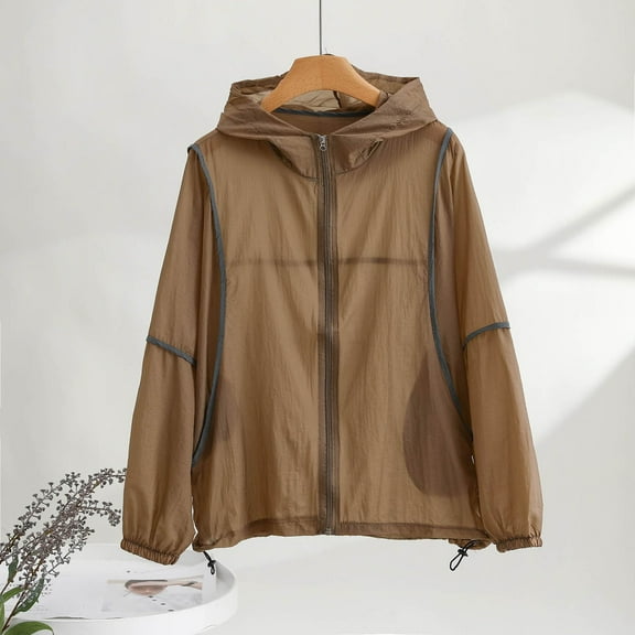 Fayshow0 Women'S Jacket Lightweight Outwear Light Weight Women'S Summer Solid Color Fashionable Light Breathable Hooded Zipper Sun Protection Long-Sleeved Hooded Casual Coat/Jacket,Khaki