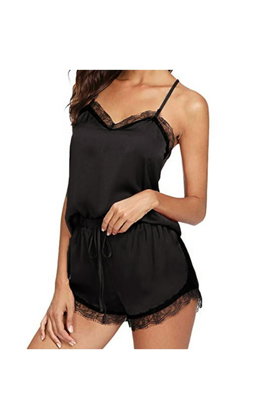 Women Sleepwear Sleeveless Strap Nightwear Lace Trim Satin Cami Top Pajama Sets
