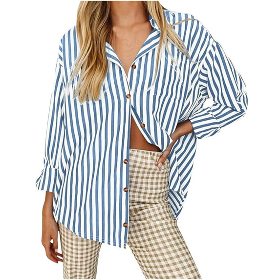 Fayshow0 Women's Smocked Cuffed Striped Boyfriend Shirt with Pocket Casual Collar Long Sleeve Blouse Tops for Pocket Shirred,Blue L