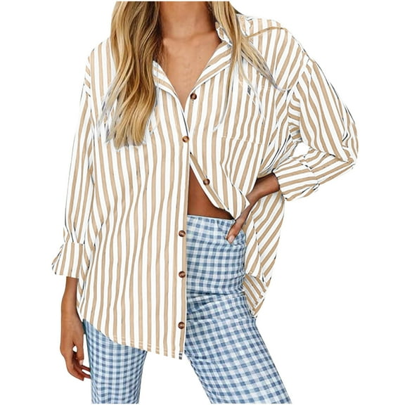 Fayshow0 Women's Smocked Cuffed Striped Boyfriend Shirt with Pocket Casual Collar Long Sleeve Blouse Tops for Pocket Shirred,Yellow XL