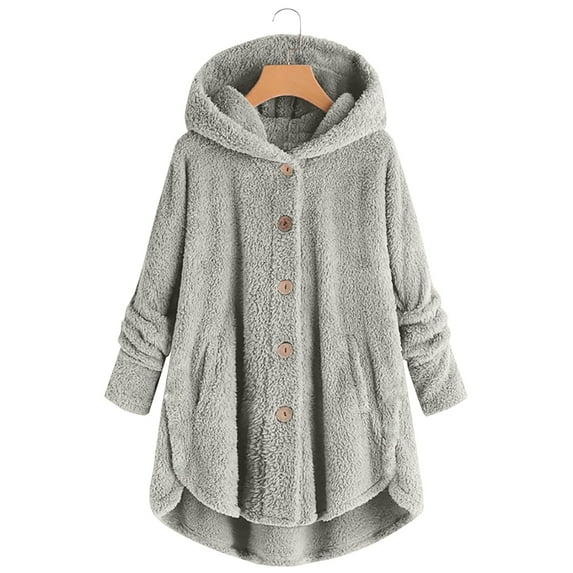 Cyber/Monday Deals Womens Deals Under $ 15 Fayshow0 Women Plus Size Button Plush Tops Hooded Loose Cardigan Wool Coat Winter Jacket,Gray Xxxxl