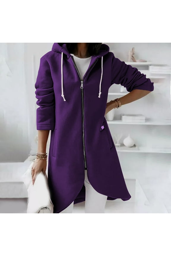 Womens Jackets Lightweight Plus Size Women's Solid Color Hoodie Zipper Long Sleeve Sweatshirts Irregular Hem Long Coat Tops With Pockets,Purple XXXXL