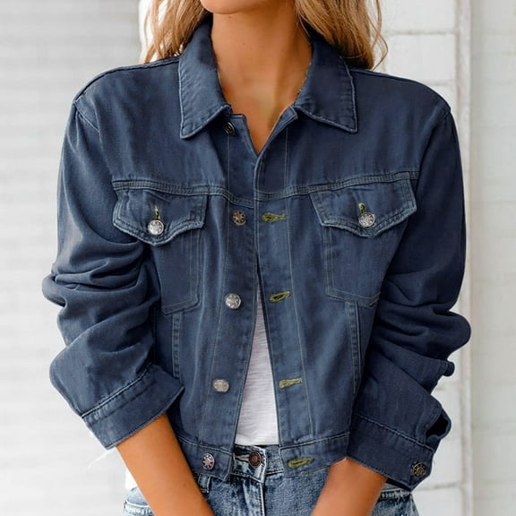 Fayshow0 Womens Jean Jackets Lightweight Clearance under $10 Women Fashion Casual Pockets Long Sleeve Tops Jacket Outwear,Blue M