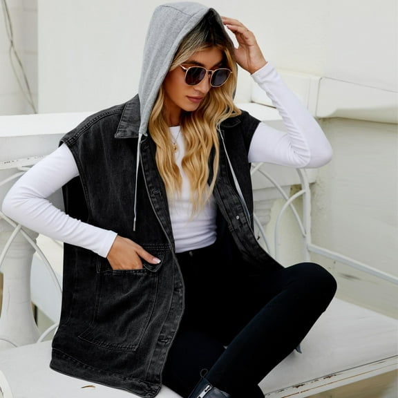 Fayshow0 Womens Jean Jackets Trendy Fall Save Up under 50% Fashion Women Solid Sleeveless Hooded ButtonJacket Casual Coat,Black S