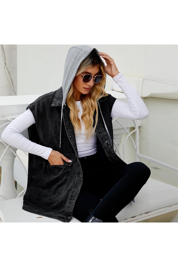 Womens Jean Jackets Trendy Fall Save Up under 50% Fashion Women Solid Sleeveless Hooded ButtonJacket Casual Coat,Black S