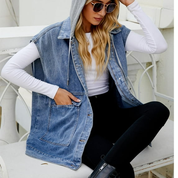 Fayshow0 Womens Jean Jackets Trendy Fall Save Up under 50% Fashion Women Solid Sleeveless Hooded ButtonJacket Casual Coat,Blue XL
