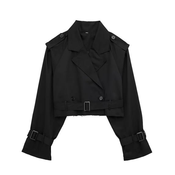 Fayshow0 Zip Up Jacket Lightweight Windproof Jackets Women's Fashion Short Button Lapel Cut Trench Coat Belt Jacket,Black S
